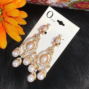 Boho Earrings Pearls Bling Goldtone Clip-On Rhinestone Post Drop Dressy Dangles